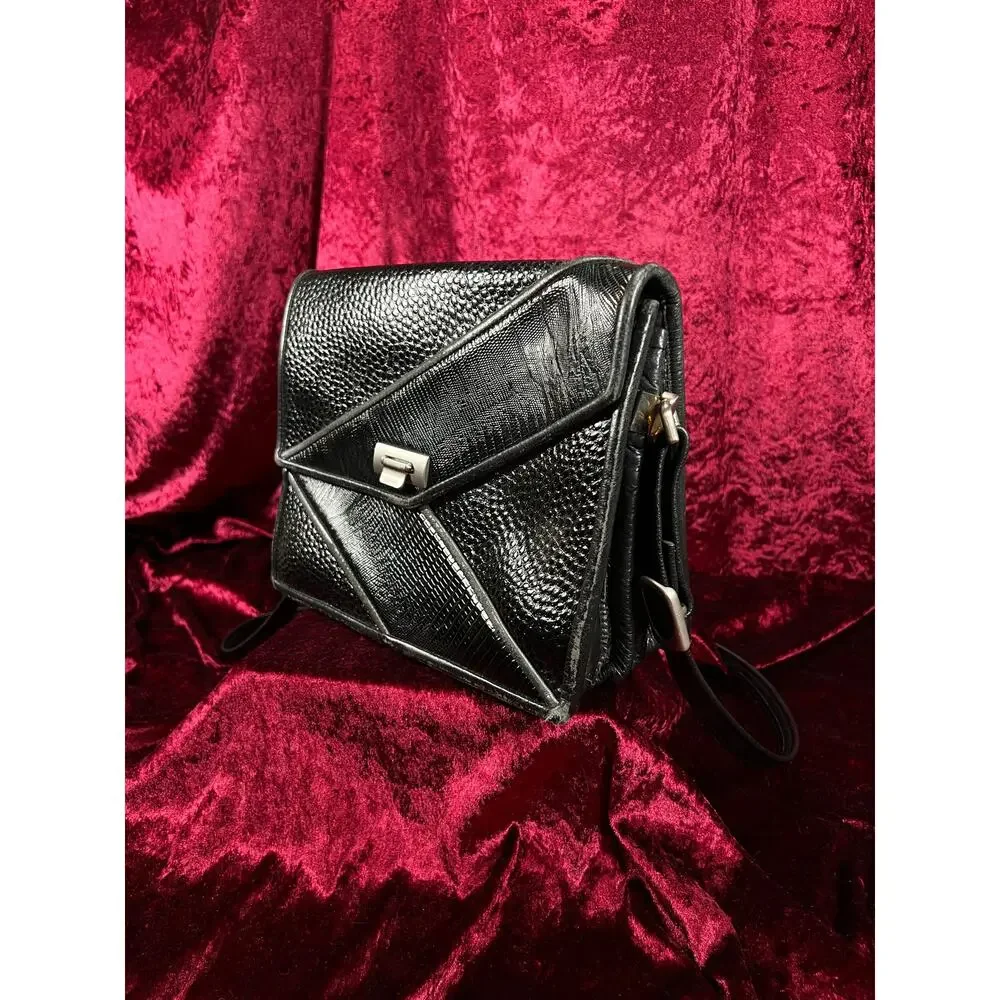 Vintage Y2K Black Leather Shoulder Bag - Reptile Embossed Patchwork Purse